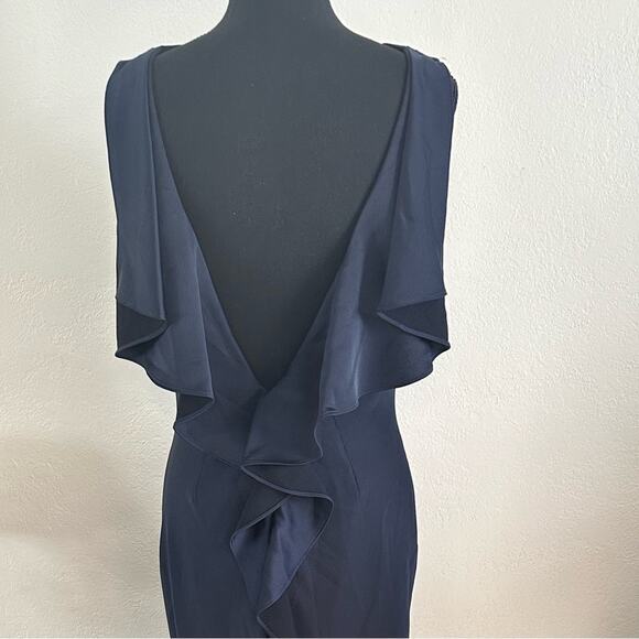 Rachel Zoe Caroline Navy Ruffled Open Back Evening Dress Gown Fishtail size 6 - Picture 9 of 16